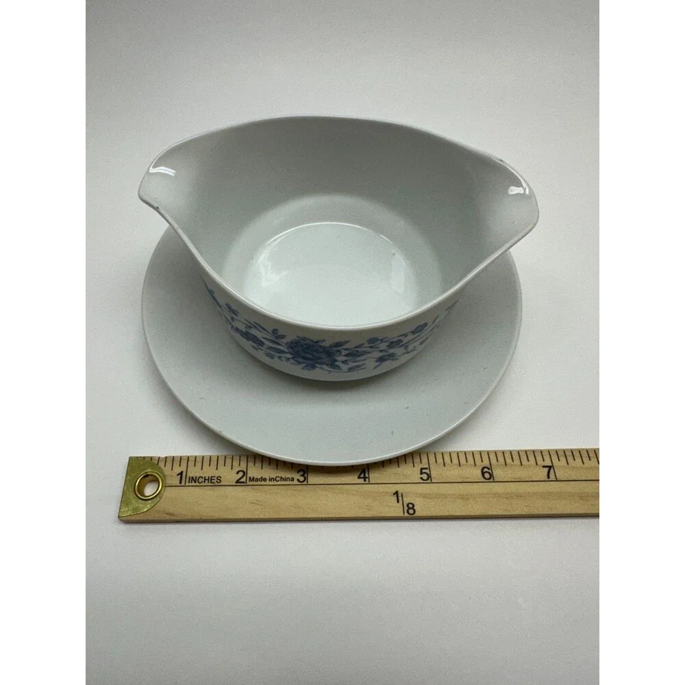 Vintage Elite Creation Blue Brocade Gravy Boat Attached Underplate Japan